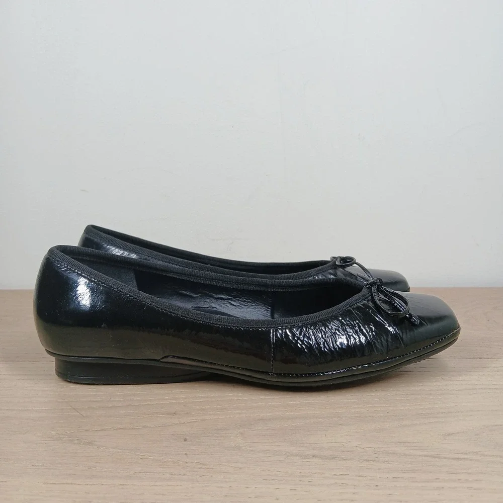 Geox Ballet Flats Womens 38 Black Patent Leather Square Toe Bow Low Wedge Shoe